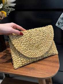 Yogodlns 时尚沙滩包 女士夏季沙滩包 信封编织手拿包 纯色大容量收纳包 玉米皮草手提包 时尚玉米皮草包 手工编织女士手拿包 信封手提包 长款女士夏季沙滩包 - 彩色 - 查看 5