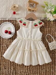 Baby Girls' Sleeveless Apricot Sweet Fashion Cute Cherry Embroidery Peter Pan Collar Princess Dress, Summer - Apricot - View 3