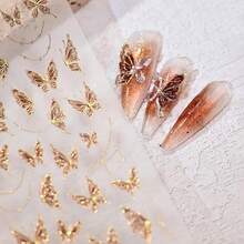 5D Embossed Gold Nail Stickers Decals Butterfly Nail Art Stickers Glitter Nail Stickers For Nail Art With Gold Line Design Se--Adhesive Manicure Decoration For Women Nails Supplies - Style18 - 查看 4