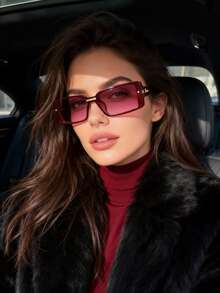 1pc Retro Rectangular Women Fashion Glasses, High-End Street Style Classic Fashion Glasses - Wine-red Frame Gradually Turns Red. - View 3