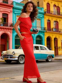 Women's Two-Piece Dress Set, Featuring A One-Shoulder Polka Dot Print Tank Top And A Fitted Long Skirt, Perfect For Elegant Party And Event Wear. - 紅色 - 查看 4