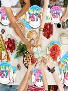 50Pcs Baseball Donut Drip 67th Birthday Disposable Tableware Set, Colorful Drip Glaze Baseball Print Paper Plates Cups Napkins, Adults Kids Sports Sweet Birthday Sports Lover Party Supplies Table Decor Essentials - Multicolor - View 2