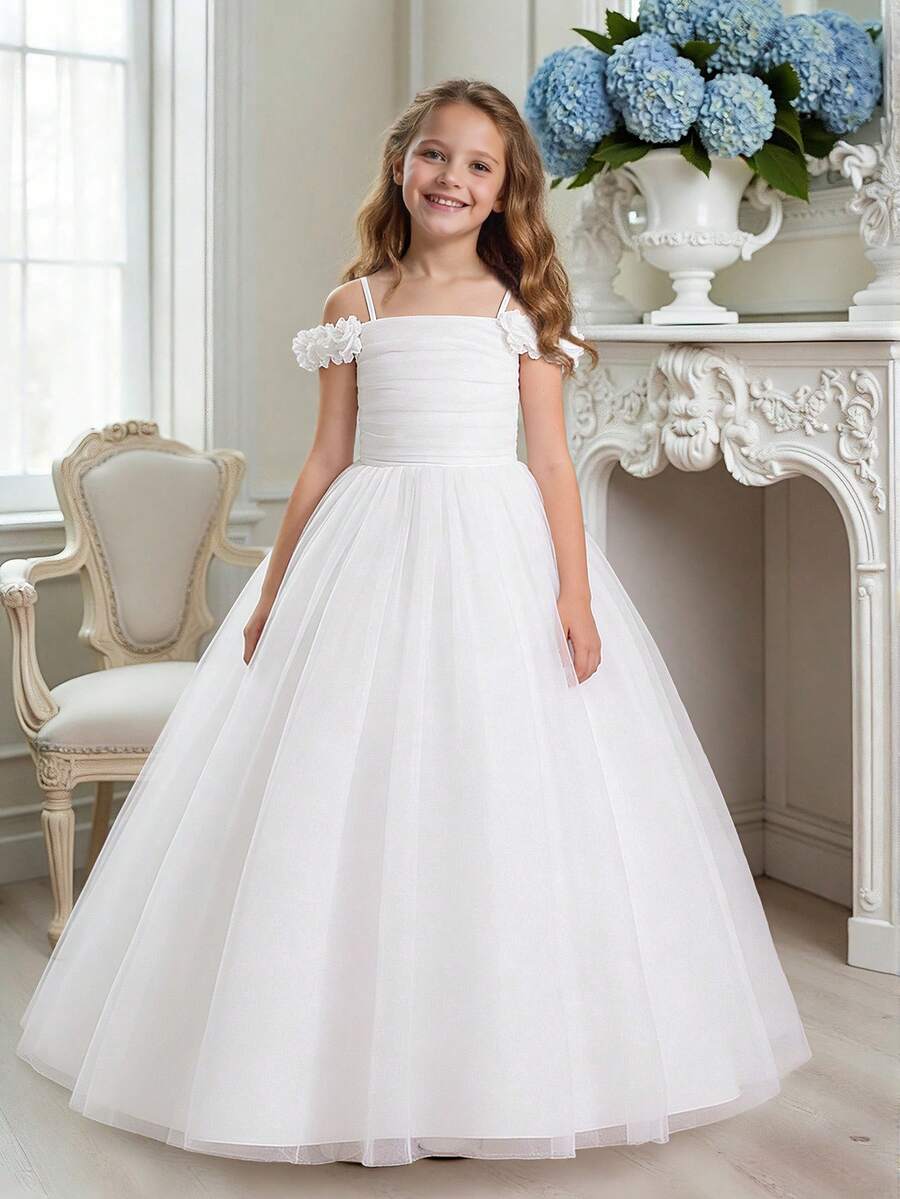 Vestido largo elegante de unicolor con tirantes de espagueti y encaje de malla para niñas preadolescentes, adecuado para niña de las flores en bodas, cenas formales, no incluye diadema - Blanco - Ver 1