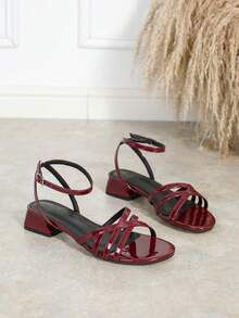Women's Round Toe Criss-Cross Strap Low Heel Sandals, Metal Material Backstrap With Metal Buckle, Versatile For Commuting And Dating, Comfortable Non-Slip Chunky Heel Slides - Burgundy - View 5
