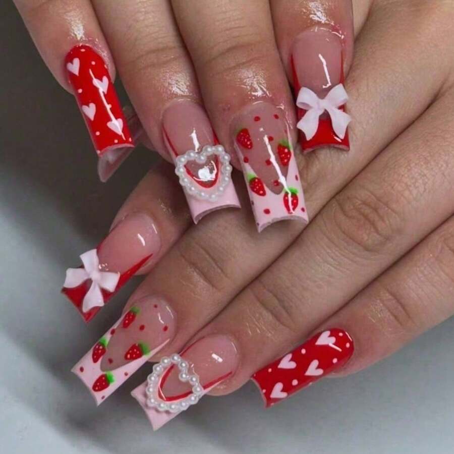 Parche de uñas con diseño de fresa con corazón de melocotón rosa - w2-24 piezas - Ver 1