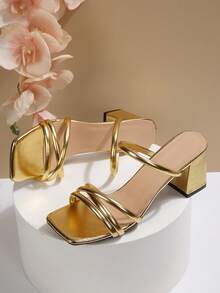 Giày sandal quai mảnh kiểu Pháp cổ điển dành cho nữ, sandal quai ngang gót chunky thanh lịch mới cho mùa hè. - Vàng - Xem 3