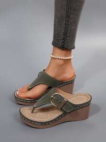 新款女士坡跟厚底人字拖，搭扣设计，轻便材质，厚底人字拖凉鞋，适合夏季休闲、海滩、日常穿着 - 軍綠色 - 查看 6