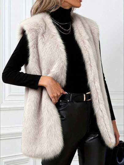 Plus Size Women Elegant Faux Fur Sleeveless Long Vest, Solid Color Regular Style Cardigan Vest, Plus Size Faux Fur Jacket For Autumn/Winter