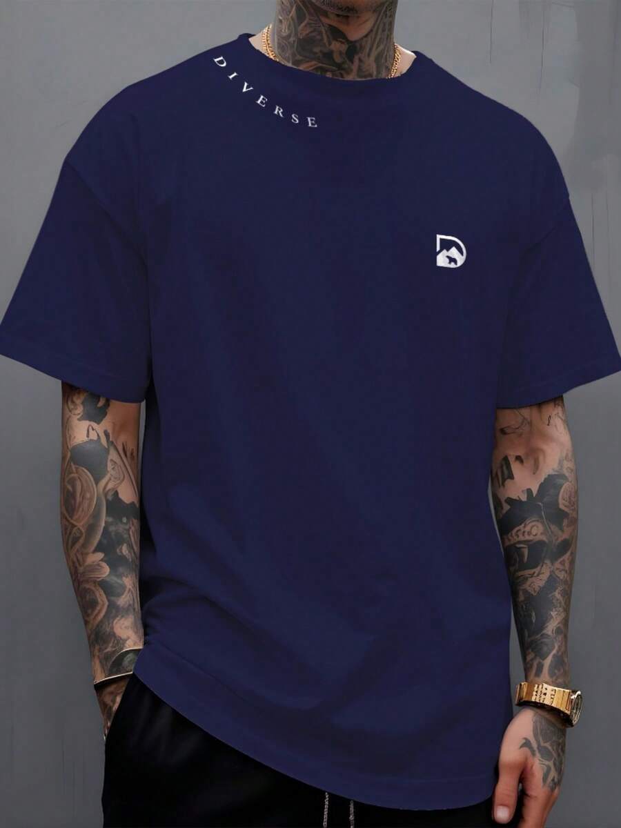 Manfinity Diverse T-Shirt With Collar, 100% Cotton Streetwear - 藏蓝色 - 查看 1
