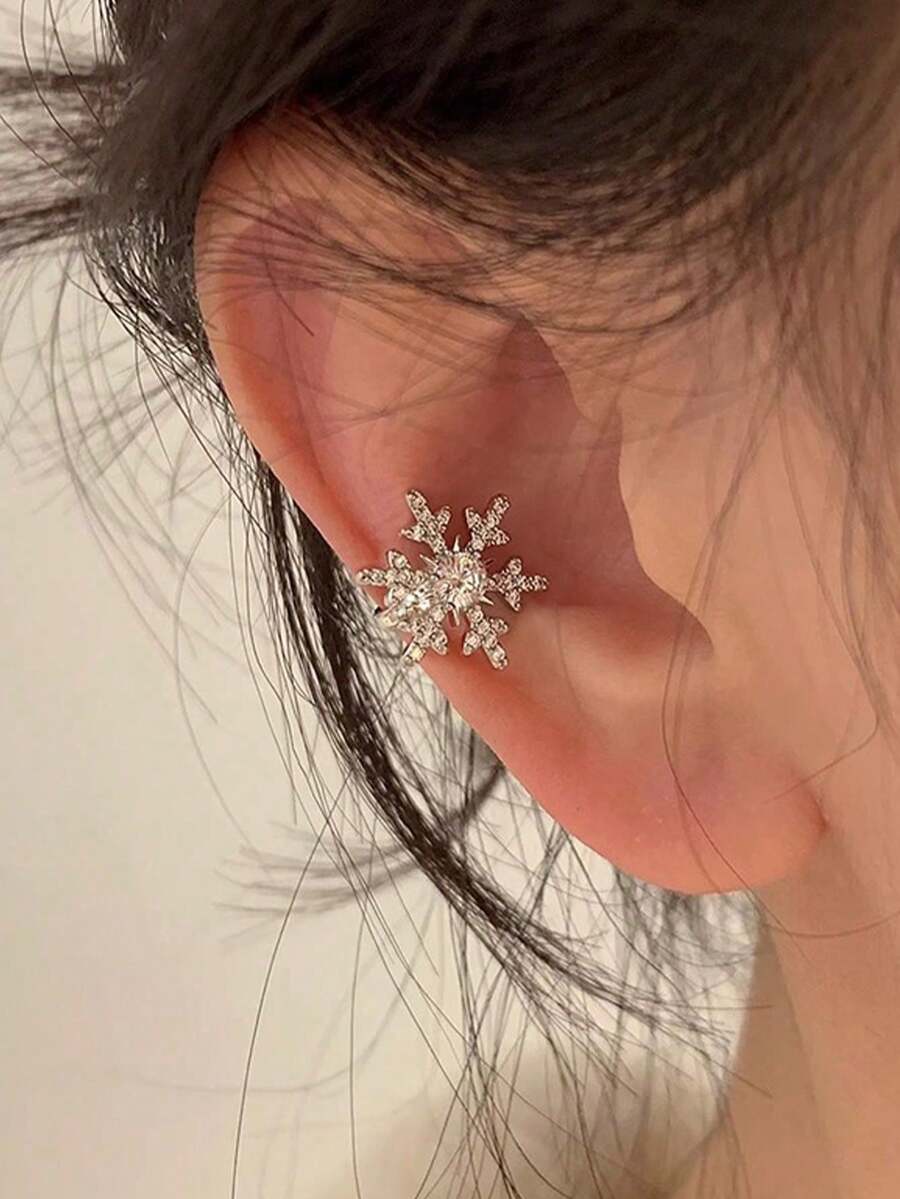 1只雪花水钻夹式耳环，简约风格铜合金银色耳环，适合女性日常、通勤、派对、圣诞节、节日礼物、新年礼物、情人节礼物 - 銀色 - 查看 1