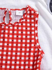 Girls Casual Checkered Pattern Sleeveless Layered Hem Knee-Length Dress, Fashion Outdoor Daily Wear, Spring/Summer - Red - View 5