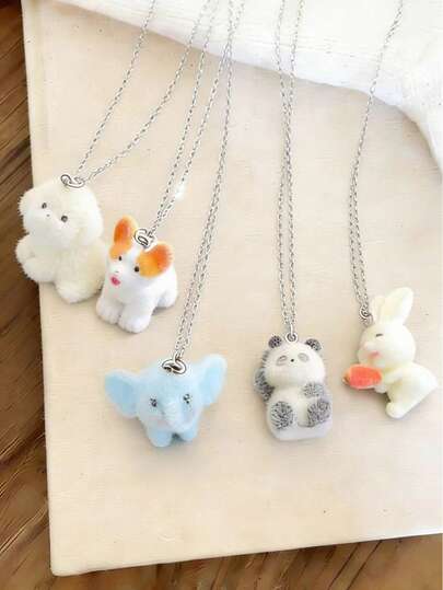 1pc Cute 3D Flocked Doll Resin Dog, Panda, Elephant Pendant Necklace, Delicate & Minimalist, Versatile Casual Style Accessory For Women, Suitable For Daily Wear, Dates, Birthdays, Gift For Girlfriend