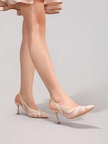 Fashionable Lace Patchwork High Heel Shoes, Sexy Pointed Toe Stilettos, Party & Evening Wear Backless Sandals, Apricot Color,Summer Outfits - Apricot - View 9
