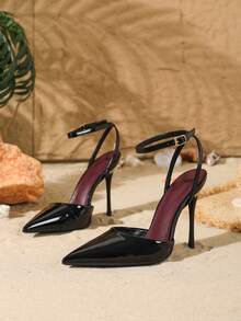 10.5厘米尖头可调节交叉绑带高跟鞋，优雅性感亮面PU皮革细高跟鞋，适合日常穿着、派对、情人节约会、舞会、正式场合等各种场合。 - 黑色 - 查看 5