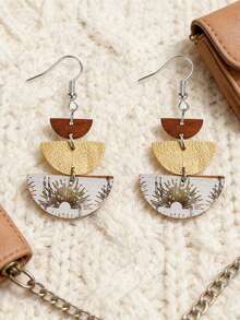 1 Pair Women's Creative Patchwork Leather Geometric Fan-Shaped Earrings, Retro Versatile Pendant Earrings, Exaggerated European And American Design - Handmade Earrings - View 7