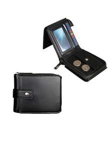 HOVI'S Men Wallet Black Litchi Texture PU Zipper & Snap Button Closure - Multi Card Slots Bill & Coin Pocket New Year Gift Valentine's Day Gift