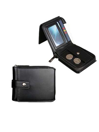 HOVI'S Billetera de hombre de textura de litchi PU negra con cierre de cremallera y botón a presión - Múltiples ranuras para tarjetas, bolsillo para billetes y monedas, regalo de Año Nuevo, regalo del Día de San Valentín