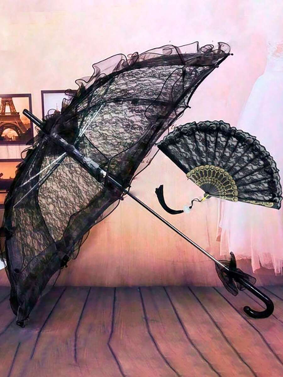 1pc Gothic Lace Parasol, Romantic Princess Umbrella For Bridal, Wedding, Holiday Party, Dance Props - Elegant Black Lace Parasol And Fan Set With Floral Pattern, Suitable For Wedding And Halloween Costume Accessories, Photography, Wedding Supplies - Black - View 1