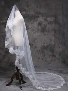 Novo Véu de Noiva Elegante e de Luxo, de Camada Única, com Cauda Longa, Rendado e Floral, Feito à Mão - Branco - Visão 1