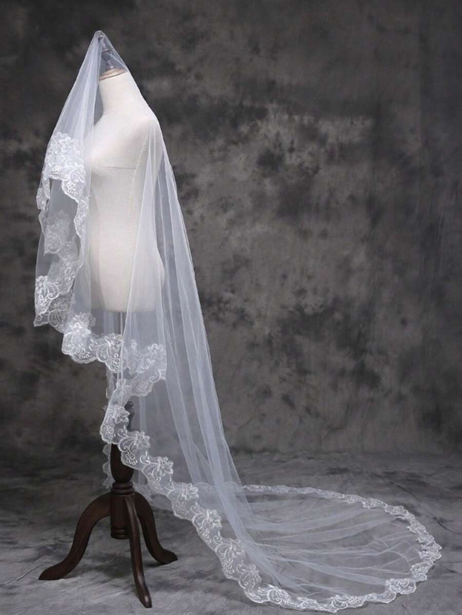 Novo Véu de Noiva Elegante e de Luxo, de Camada Única, com Cauda Longa, Rendado e Floral, Feito à Mão - Branco - Visão 1