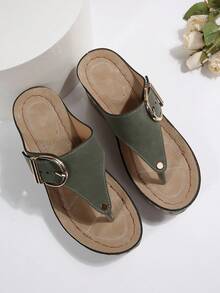 新款女士坡跟厚底人字拖，搭扣设计，轻便材质，厚底人字拖凉鞋，适合夏季休闲、海滩、日常穿着 - 軍綠色 - 查看 3