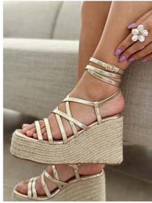 VIKIVIKI SHOES Women's Platform Sandals, Thin Strap Wedge Espadrille Design, Y2K Vintage Bohemian Style Inspired, Comfortable For Walking, Ideal For Summer, Vacation, Beach, Daily Walks, Relaxed Outfits, Dresses, And Fresh Day-To-Night Looks. Estimated Delivery: 1-3 Business Days (Peninsula) - 金色 - 查看 1