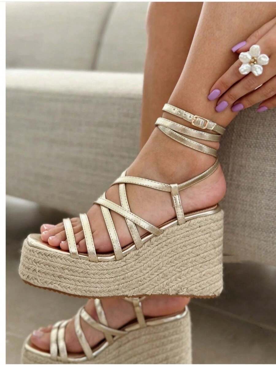 VIKIVIKI SHOES Women's Platform Sandals, Thin Strap Wedge Espadrille Design, Y2K Vintage Bohemian Style Inspired, Comfortable For Walking, Ideal For Summer, Vacation, Beach, Daily Walks, Relaxed Outfits, Dresses, And Fresh Day-To-Night Looks. Estimated Delivery: 1-3 Business Days (Peninsula) - 金色 - 查看 1