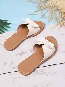 甜美蝴蝶结舒适露趾凉鞋，适合幼儿和大童，适合外出、度假、日常搭配连衣裙、宝宝玩水、海滩，简约平底凉鞋 - 米色 - 查看 8