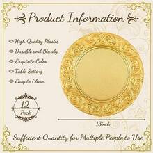 Uiifan 12 unidades de placas de carga antiguas a granel de 13 pulgadas de plástico en relieve platos redondos florales para bodas cargadores decorativos para mesa cena cocina decoración de fiesta - Oro - Ver 2