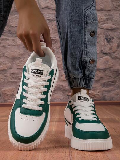 New Lightweight Colorblock Green Casual Sports Sneakers, Fashionable Breathable Comfortable Athletic Shoes For Men, Versatile