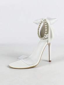 女士白色透明绑带仿珍珠脚链性感高跟凉鞋 - 白色 - 查看 6