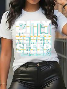 Women's Short Sleeve Crew Neck T Shirt Casual Loose Fit Graphic Tee With "CITY NEVER SLEEP" Slogan Print Streetwear Summer Top - White - View 6