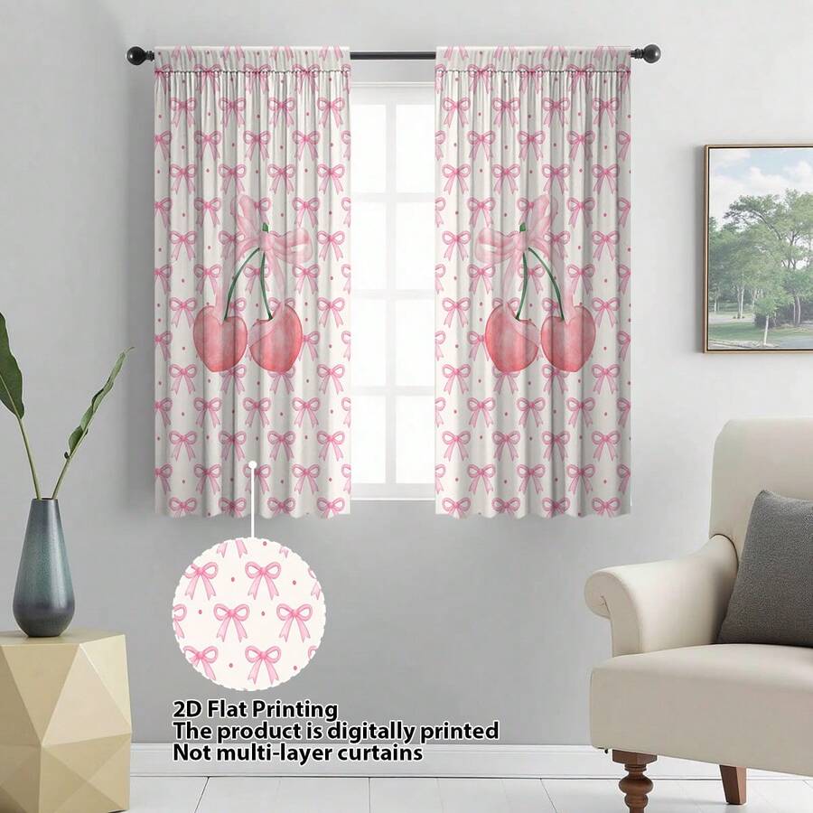 2pcs Watercolor Pink Cherry + Pink Bow Decor Curtain, Sweet Cherry Blossom & Bow Theme, Polyester Fabric, Suitable For Rental House, Living Room, Bedroom, Removable & Washable - Multicolor - View 1