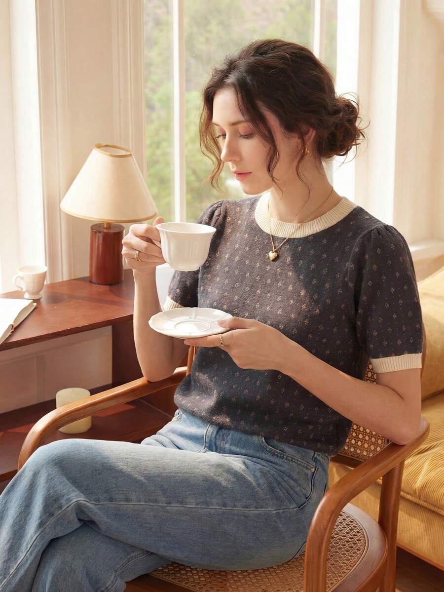 Knit Mix 优雅女士时尚针织法式通勤T恤，菱形领口设计，简约复古撞色宽松版型，适合春秋季穿着，随机图案，适合情人节、返校季、秋冬季女装，也适合圣诞节、感恩节和新年等场合。 - 灰色 - 查看 1