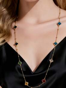 3pcs Lucky Clover Necklace & Earrings Set 24k Gold Plated, Elegant Long Chain Jewelr  Set For Women - Nhiều màu - Xem 2