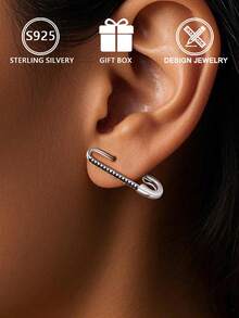 1pc 925 Sterling Silver Women's Brooch Style Black Zirconia Inlaid Earrings, Stylish Personalized Ear Clips, Gift Box, Suitable For Daily Wear And Festivals - Silver - View 4