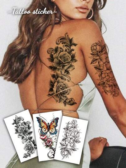 3张蝴蝶图案临时纹身贴纸，复古彩色蝴蝶花朵纹身贴，适合女性和女孩，可持续3-5天，可遮盖疤痕，适用于胸部、腰部、手臂、大腿或背部，非常适合派对、礼物、度假，易于粘贴和去除的一次性人体彩绘纹身贴纸。