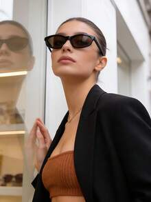 1pc Unisex Narrow Oval Cat Eye Small Frame Y2K Retro Street Style Minimalist Fashion Glasses, Suitable For Vacation - Black Frame Tea Leaves - View 2