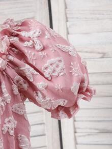 Tween Girl Embossed Pink Square Neck Short Puff Sleeve Dress - Pink - View 4