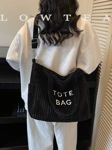 low tea Túi xách thời trang màu trơn bằng vải nhung kẻ, khóa kéo, thêu chữ, phù hợp cho nữ sử dụng hàng ngày - Túi xách nữ, túi denim, túi đeo vai, túi đeo chéo hoặc túi tote, phù hợp cho trường học, văn phòng, du lịch. - màu đen - Xem 7