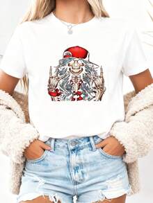 Halloween Skull Print Round Neck T Shir - 白色3 - 查看 2