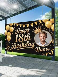 1 cái - Banner trang trí tiệc sinh nhật lần thứ 18 tùy chỉnh - Ảnh và văn bản cá nhân hóa, thiết kế bóng bay và vương miện, phông nền bàn bánh bằng polyester, phông nền Chúc mừng sinh nhật tùy chỉnh với tên và ảnh, áp phích in chủ đề đen và vàng tùy chỉnh, kỷ niệm sinh nhật lần thứ 50 với nền đen bóng và các chi tiết lấp lánh vàng. - Nhiều màu - Xem 4