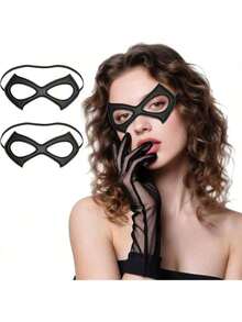 2pcs Black Mask, Black Eye Mask, Black Half Cat Eye Leather Mask, Suitable For Adult Women, Superhero Eye Mask Costume Accessory, Leather Material, Suitable For Halloween Costume - Black - View 1
