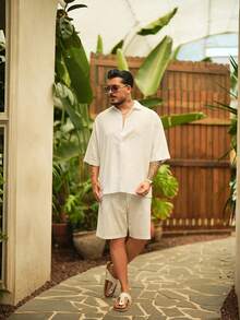 男士杏色亚麻混纺衬衫，简约修身短袖上衣，透气面料，度假风，宽松落肩设计 - 杏色 - 查看 4