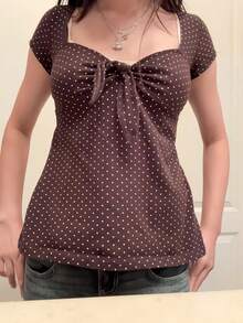 Women's Y2K Vintage Polka Dot Tops Cute Sweetheart Neck Crop Tops Summer Slim Fit Short Sleeve T-Shirt Casual Fairy Grunge Blouse For Teen Girls Sweet Knot Tee Going Out Top Shirts - 咖啡棕 - 查看 7