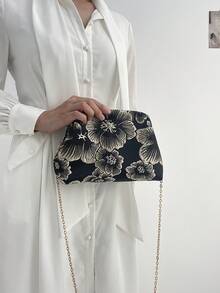 lulu kewen 1件装休闲时尚碎花图案女士手拿包、手提包、吻锁钱包、单肩包、斜挎包，配有可拆卸链条肩带，金色钱包，适合青少年、女士、女孩、学生、上班族 - 黑色 - 查看 2