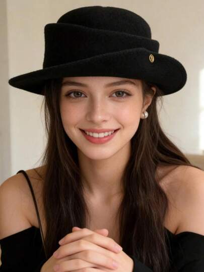 女士复古软毡帽 - 优雅可折叠帽檐设计，搭配闪亮金属装饰，时尚女士帽，适合凉爽季节（秋冬季）、日常佩戴、约会、派对、办公、户外活动 - 时尚爱好者和潮流引领者的独特必备单品，保暖百搭