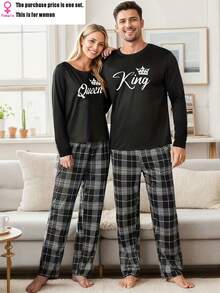[MEN/WOMEN]Couple Style King And Queen Letter Print Autumn Winter Women's Long Sleeve Men's Long Sleeve Homewear Set Men's Set Or Women's Set (One Piece) - Cô - Xem 3