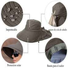 GeorgeX Sombreros del Sol para Mujer, Sombrero para el Sol con ala Ancha y Cola de Caballo con Cordón para el Viento - como en la foto - Ver 5