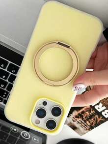 1pc New Fashionable Minimalist Metal Integrated Magnetic Holder 360 Degree Rotation Precise Hole Jelly Silicone Custard Color Suitable Compatible With Apple 17 Pro Max 16 15 Pro Max Dirt-Resistant 14 Shock-Proof 13 Pro/12/11 Unisex Protective Case - Yellow - View 3